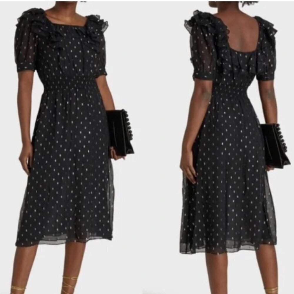 BA&SH Romeo Ruffled Metallic Midi Dress Black Gold Silk Cocktail Size XS Women's